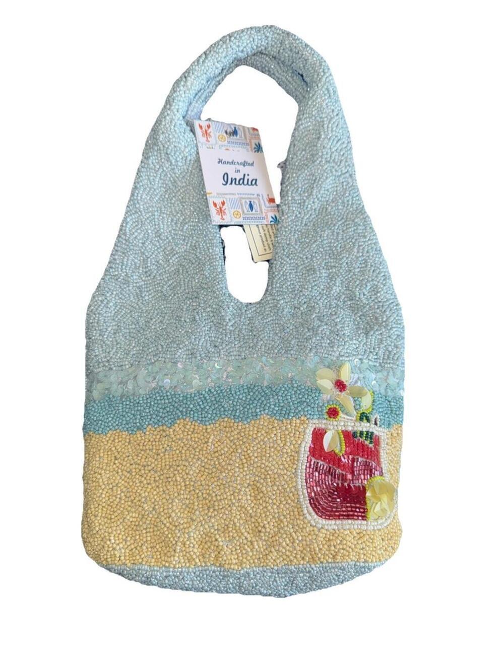 New Release Handcrafted In India Beach Scene Woman Beaded Hobo Bag Viral TikTok - Picture 2 of 2